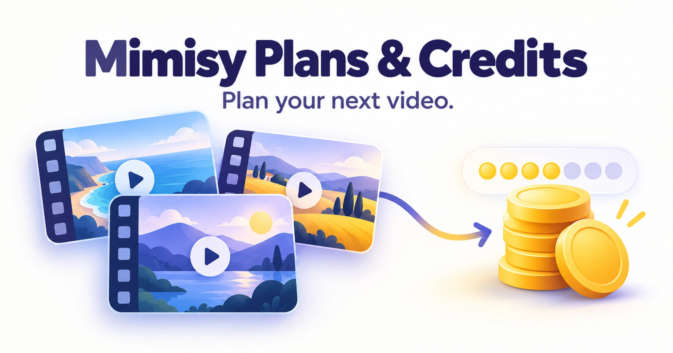 Editorial illustration with three landscape video-template cards connected by an arrow to a finite stack of gold credit tokens beneath the title “Mimisy Plans & Credits.”