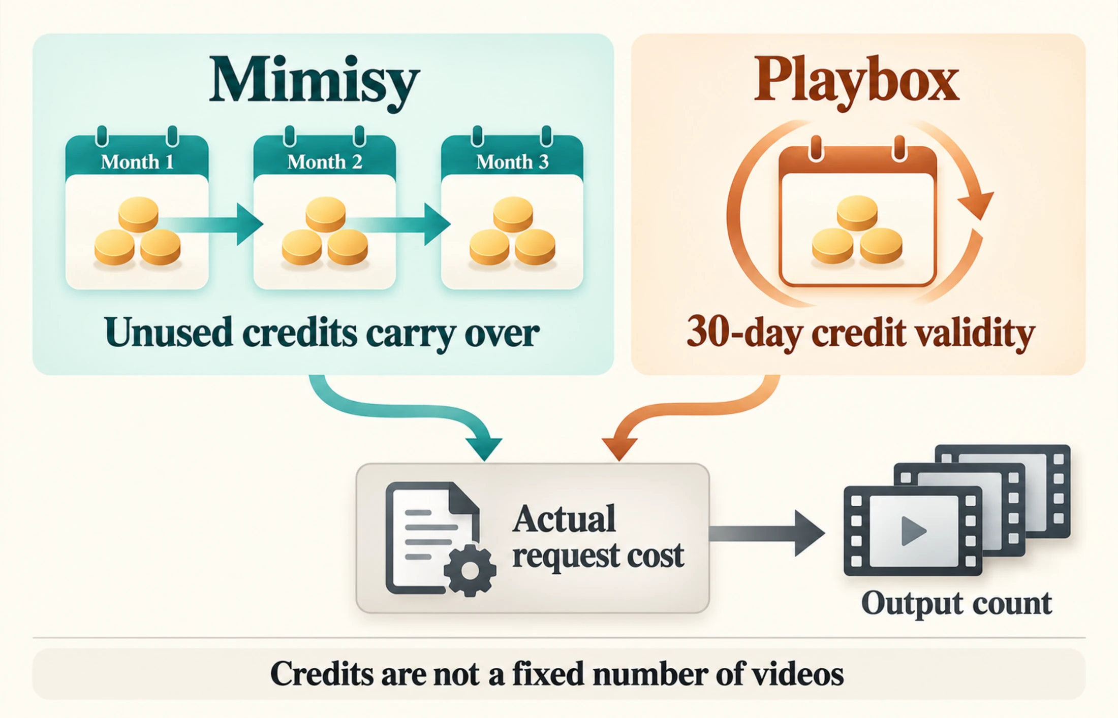 Credit-planning diagram comparing Mimisy’s unused-credit carryover across months with Playbox’s 30-day credit validity, with both feeding into actual request cost and a variable output count.