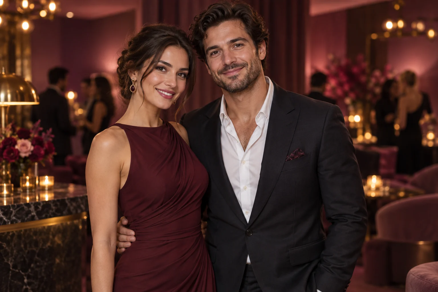An adult couple in eveningwear at a warmly lit cocktail lounge